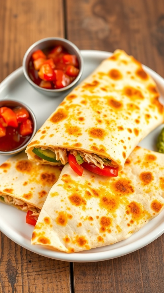 Crispy air fryer quesadilla filled with cheese, chicken, and peppers, served with salsa and guacamole.